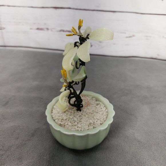 Taiwanese Spinach Jade & Semi Precious Gems Bonsai Tree, Vintage Bonsai Tree, Fl - Picture 6 of 11